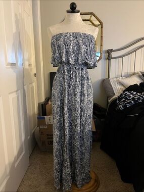 Strapless Navy and White Printed Maxi Dress